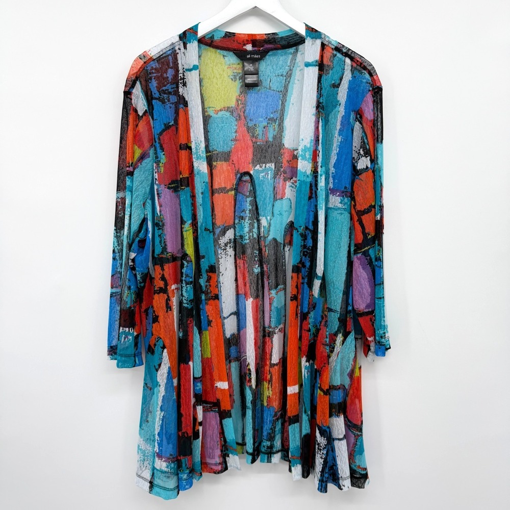 Ali Miles Jacket Cardigan Size 2X Stretch Knit Sheer 3/4 Sleeves Flowy Artsy